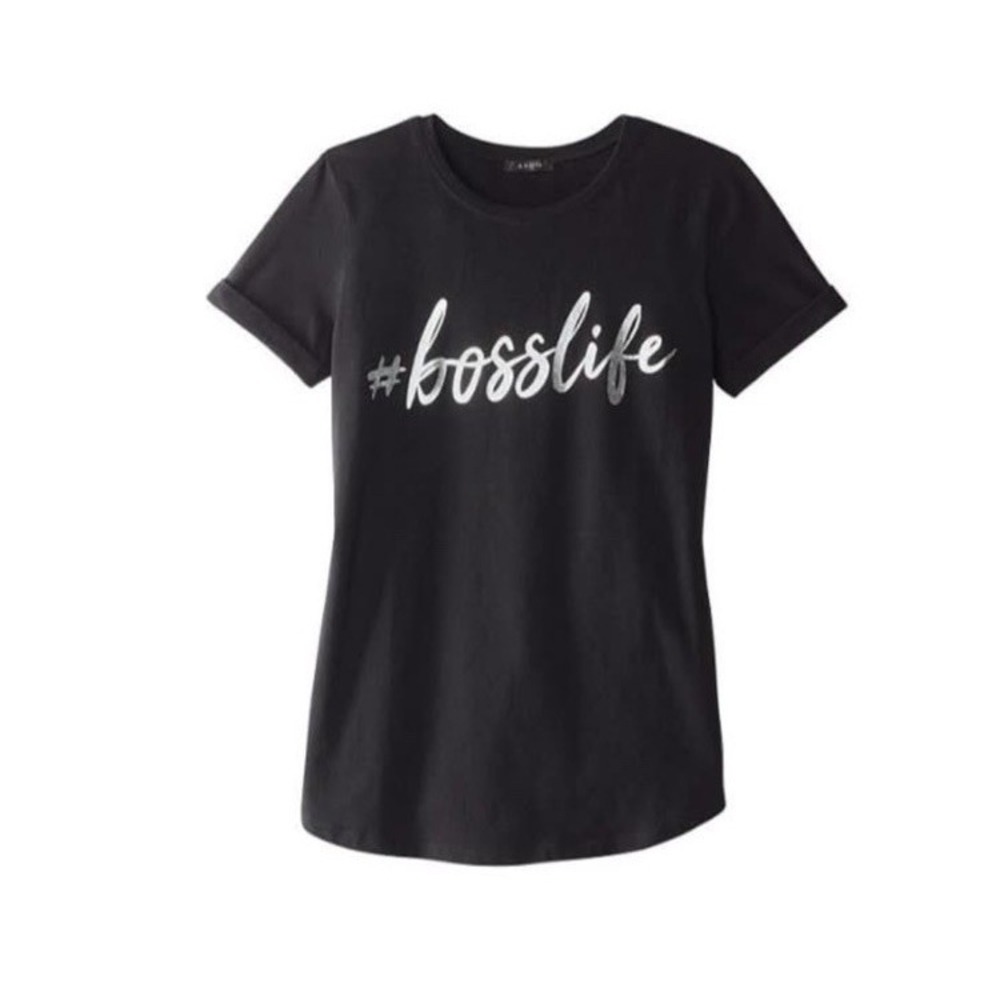 Women's Size M 8-10 Black Short Sleeve #bosslife Silver Graphic T-Shirt NWT